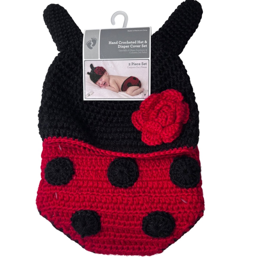 NWT Hand Crocheted Hat & Diaper Cover Set 0-9 Months Ladybug‎ for Baby Photos